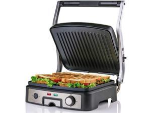 Ovente Electric Panini Press Grill Bread Toaster Nonstick Double Sided Flat Plates with 3 Temperature Setting & Removable Drip Tray, 4 Slice Sandwich Maker for Burger & Grilled Cheese, Silver GP1861BR Ovente Electric Panini Press Grill Bread Toaster Nonstick Double Sided Flat Plates with 3 Temperature Setting & Removable Drip Tray, 4 Slice Sandwich Maker for Burger & Grilled Cheese, Silver GP1861BR