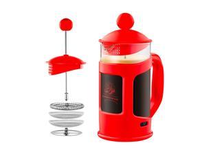 Ovente French Press Carafe Coffee 12 Ounce with Heat Resistant Glass 3 Filter Stainless Steel Plunger System, Portable Pitcher Coffee and Tea Maker with Mesh Filter Free Measuring Scoop, Red FPT12R