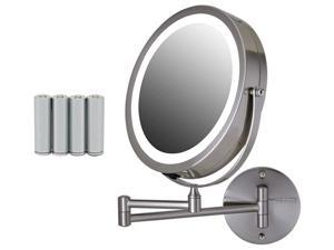 Ovente 8.5" Lighted Wall Mount Makeup Mirror, 1X & 10X Magnifier, Adjustable Double Sided Round LED, Extend, Retractable & Folding Arm, Compact & Cordless, Battery Powered Nickel Brushed MFW85BR1X10X