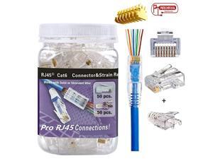 CAT6 Pass Through Connectors Gold Plated 8P8C Plugs and Strain Relief 50xcat6plug+50xstrain Relief CAT6 Pass Through Connectors Gold Plated 8P8C Plugs and Strain Relief 50xcat6plug+50xstrain Relief