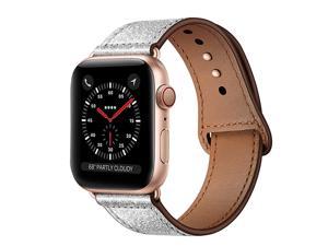 Compatible with iWatch Band 40mm 38mm Genuine Leather Replacement Band Strap Compatible with Apple Watch Series 5 4 3 2 1 38mm 40mm Glistening Silver Band + Rose Gold Adapter