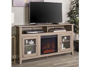 Edison Rustic Wood and Glass Tall Fireplace Stand for TVs Up to 64 Flat Screen Living Room Storage Cabinet Doors and Shelves Entertainment Center 32 Inches Driftwood