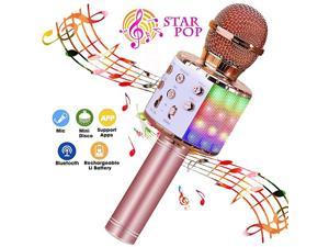 Bluetooth 4 in 1 Karaoke Wireless Microphone with LED Lights Portable Microphone for Kids Best Gifts Toys for Kids Girls Boys and Adults Pink