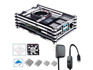 Case for Raspberry Pi 4 B Case with Cooling Fan 4PCS Heatsinks 5V 3A USBC Power Supply for Raspberry Pi 4 Model B RPI 4 Board Not Included Black and Clear