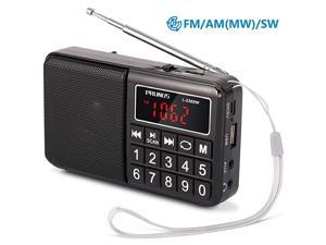 L238 AM FM Portable Radio Digital Battery Operated Radio with Neodymium Speaker SW Band Auto Save USB Flash Drive TF Card AUX Input MP3 Player Black