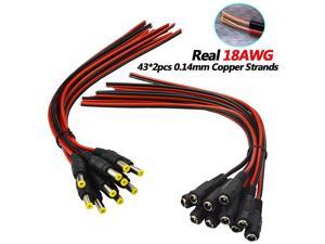 Real 18AWG 43x2pcs Copper Strands 10 Pairs DC Power Pigtail Cable Wire 12V 5A Male Female Connectors for CCTV Security Camera and Lighting Power Adapter by  21mm x 55mm Ultra Thick