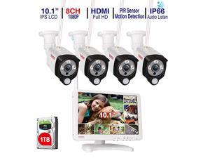 Audio Recording]  All-in-One Full HD 1080P Security Camera System Wireless with 10.1" IPS Monitor,8CH WiFi NVR,1TB HDD and 4PCS 2.0 MP Outdoor Bullet IP Cameras with PIR Sensor,Plug and Play