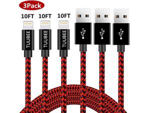 Charging Cable 3 Pack 10FT TUUBEE Durable Charger Cable Nylon Braided Lightning Cord Fast Charging Syncing Chargers Compatible XSMaxXRX8P876iPadRedBlack