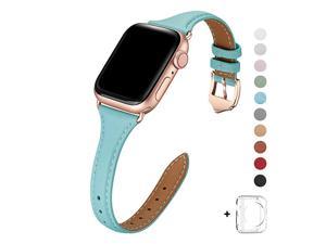 Leather Bands Compatible with Apple Watch 42mm 44mmTop Grain Leather Band SlimThin Wristband for iWatch Series 5Series 4321Tiffany Blue Band+RoseGold Adapter42mm 44mm SmallMiddle Size