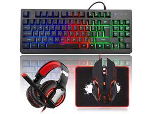 RGB Rainbow Backlit Gaming Keyboard and Mouse Combo LED PC Gaming Headset with Microphone Large Mouse Pad Small Compact 87 Keys USB Wired Mechanical Feeling Keyboard for Computer Gamer Office RGB Rainbow Backlit Gaming Keyboard and Mouse Combo LED PC Gaming Headset with Microphone Large Mouse Pad Small Compact 87 Keys USB Wired Mechanical Feeling Keyboard for Computer Gamer Office