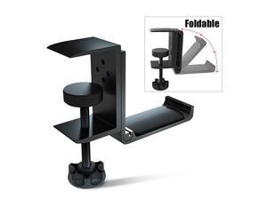 Upgrade] Foldable Headphone Stand Hanger Holder Aluminum Headset Soundbar Stand Clamp Hook Under Desk Space Save Mount Fold Upward Not in Use, Universal Fit Gaming PC Accessories, Black