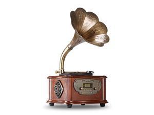Record Player Retro Turntable All in One Vintage Phonograph Gramophone for LP with Copper Horn Builtin Speaker and Subwoofer 35mm AuxinUSBFM Radio Record Player Retro Turntable All in One Vintage Phonograph Gramophone for LP with Copper Horn Builtin Speaker and Subwoofer 35mm AuxinUSBFM Radio