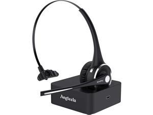 Trucker Bluetooth Headset, Angteela Wireless Headset with Microphone, Wireless Cell Phone Headset with Noise Canceling Mic Charging Base Mute Function for Home Office Call Center Skype
