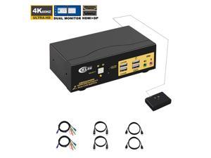 CKLau Dual Monitors HDMI Displayport KVM Switches 2 Port 4K@60Hz HDMI + Displayport Dual Monitor KVM Switch with Audio, USB 2.0 Hub and Cables Support HDMI 2.0, HDCP 2.2, HDR 10