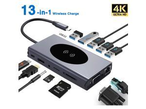 USB C Hub Type-C Laptop Docking Station, Wireless Charger 13-in-1 USB C Adapter with Ethernet, 4K HDMI Output, 1000M RJ45 Net Work, 60W PD, VGA, 5 USB 3.0 Ports, SD/TF Card Reader for MacBook Pro/Air