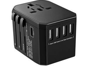 Worldwide Travel Adapter, International Power Adapter with 4 USB Ports 1 Type C Port for Cell Phone, Laptop, Tablet, Universal All in One AC Outlet for US, EU, UK, AUS 150+ Countries, Black