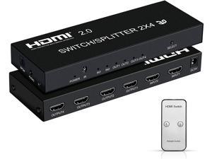 4K @60Hz HDMI Switch Splitter 2 in 4 Out with Remote, IHDAPP 2x4 HDMI Splitter Switcher 4K with SPDIF & 3.5mm Audio, Support 4K, 3D, 1080p, HDCP2.2, HDR 10 for PS4, Xbox, Fire Stick, etc