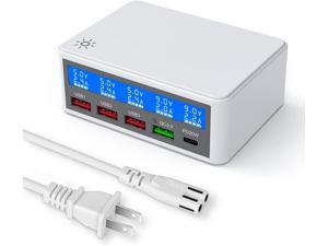 5 Ports USB Charger, 65W 5-Port USB C Charging Station Multi Port USB Hub Charger Compact Size LCD Display, QC 3.0 and PD USB C Fast Charger, Compatible with iPhone iPad Samsung Kindle Tablet and More