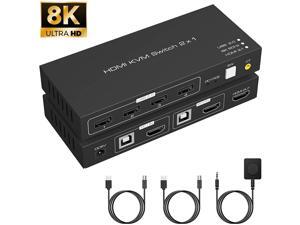 8K HDMI KVM Switch 2 Port 8K @60Hz, 2 in 1 Out HDMI KVM Switch 4 Port USB 2.0 for 2 Computers 1 Monitor Share Keyboard Mouse Printer Support Wire-Desktop Controller Including 2 USB 2.0 Cable