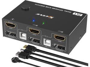 Dual Monitor KVM Switch HDMI and DP 2 Port 4K @60Hz, Extended Display Switcher for 2 Computers Share 2 Monitors (1 Displayport and 1 HDMI) with 4 USB 2.0 Hub, Desktop Controller and USB HDMI DP Cables