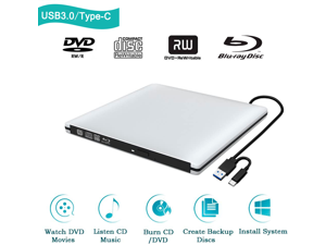 TROPRO External 3D Blu ray CD DVD Drive, Portable USB 3.0 and Type-C Blu-ray CD/DVD+/-RW Burner Player Writer Reader Rewriter for PC Netbook Laptop Desktop with Mac OS Windows XP/7/8/10 Silver