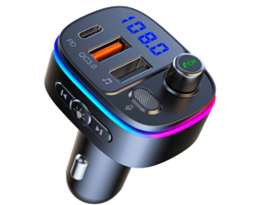 Bluetooth 5.0 FM Transmitter for Car, QC3.0+Type-C PD 20W Car Charger, Wireless FM Radio Bass Sound Music Player, Car Kit with Hands-Free Calls, Support U Disk,7 Colors LED Backlit