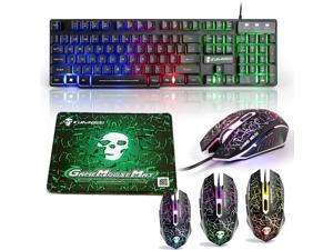 Gaming Keyboard LED Backlit Wired Keyboard and Mouse Combo with Emitting Character 2400DPI USB Mice Multimedia Keys Rainbow Backlight Mechanical Feeling for OS Windows X86 X64 Win7 8 Mac (T6 Black)
