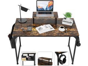 55 inch Home Office Computer Desk, Large Writing Study Table with Storage Bag and Monitor Stand, Vintage Brown Industrial Style PC Laptop Work Desk