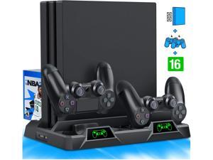 Ackmioxy PS4 Stand Cooling Fan for PS4 Slim / PS4 Pro/Playstation 4, PS4 Pro Stand Vertical Stand Cooler with Dual Controller Charge Station & 16 Game Storage