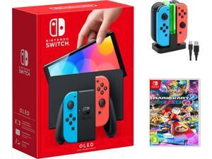 Nintendo Switch Bundle: Nintendo Switch Console - OLED Model with Neon Red/Blue Joy-Con 64GB + Mario Kart 8 Deluxe+Ozeal Charging Dock