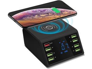 Wireless Charging Station for Multiple Devices Qi 10W 8 USB Ports with Quick Charge 3.0 USB Desktop Charger with LED Display Compatible with iOS and Android Devices iPhone iPad Black