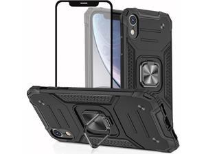 iPhone XR Case, iPhone XR Phone Case with Screen Protector, Rubber Bumper with 360 Rotation Ring Kickstand Cases for iPhone XR (Black)