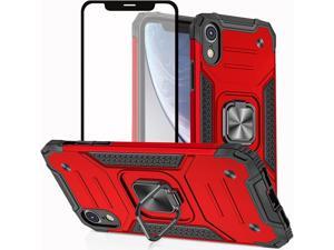 iPhone XR Case, iPhone XR Phone Case with Screen Protector, Rubber Bumper with 360 Rotation Ring Kickstand Cases for iPhone XR (Red)