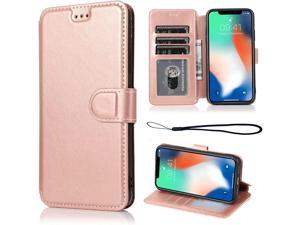 for iPhone X Case iPhone Xs Case PU Sturdy Leather Wallet Flip Case Magnetic Clasp with Cash Credit Card Slots (Rose Gold)