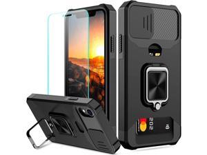for iPhone XR Case with Sliding Camera Cover and Card Slot Heavy Duty Protective iPhone XR Phone Case with Screen Protector Magnetic Built-in Kickstand Case for iPhone XR(Black)