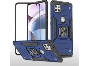 for Moto One 5G Ace Case with Metal Kickstand +Tempered Glass Screen Protector, 360° Rotating&Magnetic Adsorption Car Ring Holder Kickstand for Motorola Moto One 5G Ace (Blue)