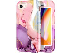 Compatible with iPhone SE 2020 Case, iPhone 8 Case, iPhone 7 Case Heavy Duty Shockproof Hybrid Hard PC Soft Rubber Three Layer Drop Protection Cover for iPhone 7/8/SE 2nd, Pink Marble