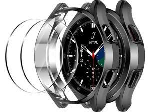 (2+2 Pack) Compatible for Samsung Galaxy Watch 4 Classic 46mm Case Cover with Screen Protector, Soft TPU Protective Bumper Shell Tempered Glass Film for Galaxy Watch 4 46 mm, Black