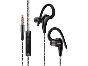 Sports Earbuds Wired, Sweatproof Wrap Around Earphones with Microphone in-Ear Running Headphones with Over Ear Hook for Workout Exercise Gym Compatible with iPhone iPad Cell Phones (Black)