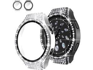 [2-Pack] Compatible with Samsung Galaxy Watch 4 40mm Bling Case with Screen Protector Full Diamonds Cover Hard PC Bumper Frame (Watch 4 40mm, Black+Silver)