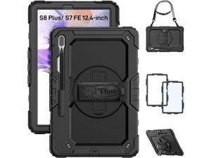 Samsung Galaxy Tab S8 Plus/ S8 + Case 2022 / Tab S7 FE 12.4 2021 (SM-X800/X806, SM-T730/T733) with Screen Protector, Rotating Stand and Strap, Shockproof Case for Samsung S7 Plus 2020, Black