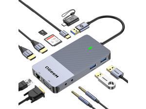 QGeeM USB 3.0 Docking Station, Triple Display USB C Hub Dual HDMI VGA Adapter, Portable USB A Dock Dual Monitor Compatible with All USB-C and USB 3.0 Laptop (Grey)
