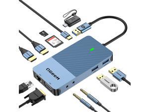 QGeeM USB 3.0 Docking Station, Triple Display USB C Hub Dual HDMI VGA Adapter, Portable USB A Dock Dual Monitor Compatible with All USB-C and USB 3.0 Laptop (Blue)