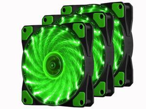 Vicabo Kit 3 Packs 120mm PC Cooling Computer Silent 15 LEDs Case Fans Heatsink Cooler Cooling w/ Anti-Vibration Rubber, 120mm Fan, 12VDC, Molex 4pin, Green LED Lights (3pcs)