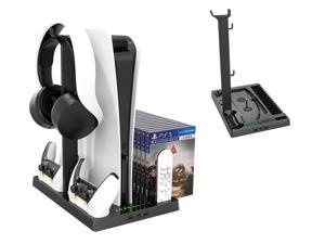 PS5 Cooling Fans Stand With Headphone Vertical Stand,, 1 Headset Holder, 2 Controller Chargers, 15 Game Cd Slots, And 1 Media Remote Control Base, Cooling Base For PlayStation 5 Black