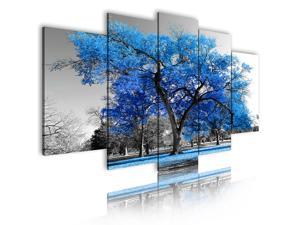 5 Pieces Canvas Painting Black White Painting Blue Tree Wall Art Bedroom Living Room Office Dining Room Decor Painting HD Picture Poster Print, Holiday Birthday Wedding Gift (Total Size: 84"W X 40"H)