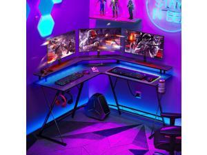 Gaming Desk 50.4 with LED Strip & Power Outlets, L-Shaped Computer Corner Desk Carbon Fiber Surface with Monitor Stand, Ergonomic Gamer Table with Cup Holder, Headphone Hook, Black