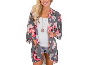 suanret Women Printed Cardigan Long Sleeve Kimono Cardigans Maxi Beachwear Thin Outerwear Coat Summer Floral Beach Cover Ups