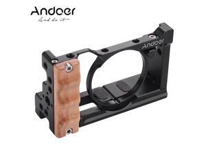 Andoer Metal Aluminum Camera Cage Compatible with Sony RX100 VI/VII with Cold Shoe Mount 1/4 Screw Wooden Handgrip Vlogging Shooting Accessories