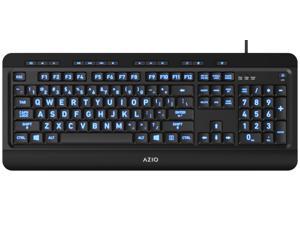 Azio Vision Backlit Wired Large Print Keyboard – 4X Larger Comfortable Quiet Keys , 3 Interchangeable Backlight Colours | Multimedia Hotkey Controls, long 5ft USB cord, haptic feedback  (KB505U) Black